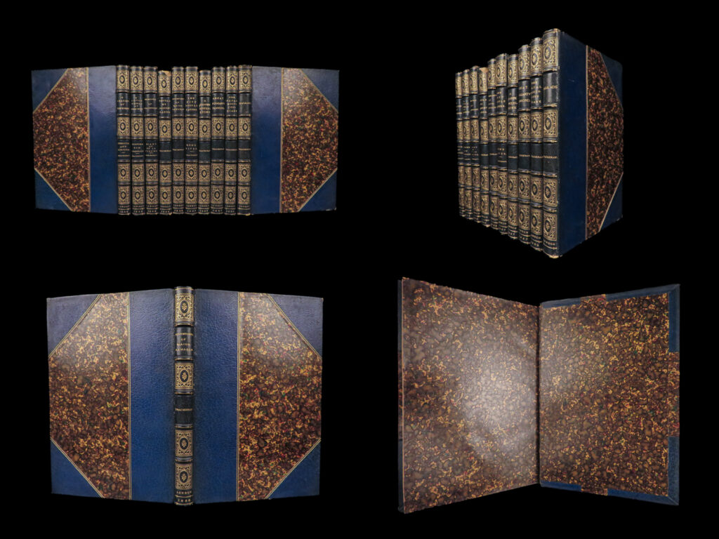 Works of william makepeace thackeray – 1856 | 10 volumes, fine blue moroccan binding | collected works of w. M. Thackeray (1856), complete in ten volumes, bound in blue moroccan leather with marbled boards and gilt decoration, published by bradbury & evans.