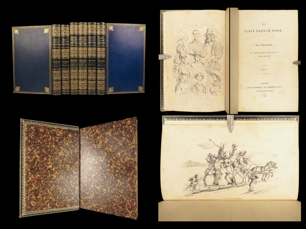 Works of william makepeace thackeray – 1843 | 6 volumes, beautiful binding | collected works of w. M. Thackeray (1843), complete in six volumes, bound in blue moroccan leather with marbled boards and gilt decoration, published in london.