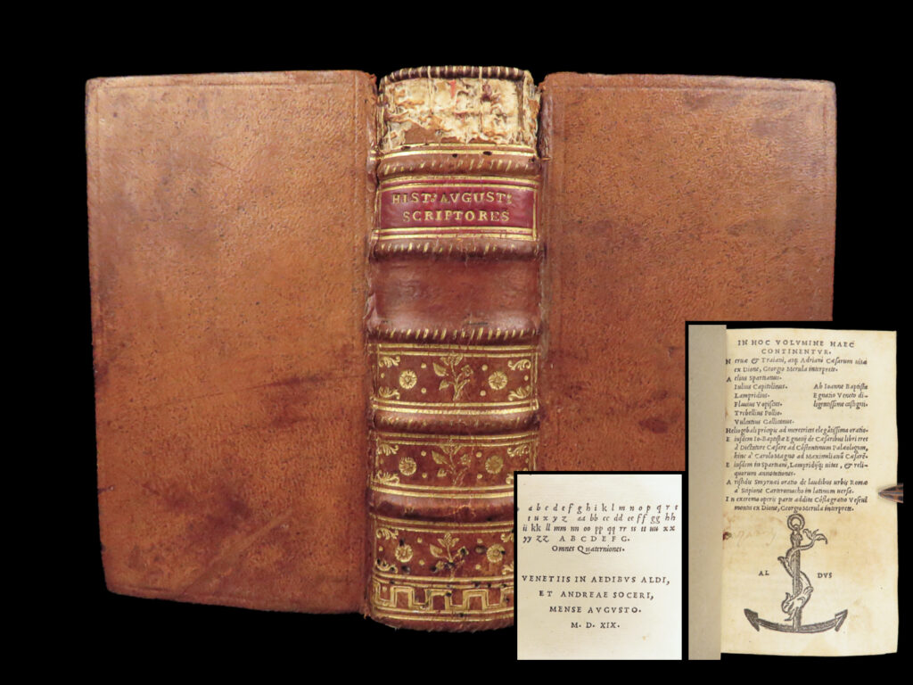 Roman imperial lives – aldine publishing – 1519 | post-incunable first edition | renaissance aldine compilation (1519) edited by egnazio featuring latin biographies of roman emperors nerva, trajan, and hadrian, selections from the historia augusta, and rare rhetorical texts.