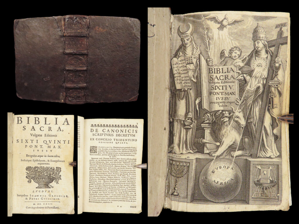 Biblia sacra – holy bible – 1663 | vulgate latin, pope sixtus v | 1663 latin vulgate bible printed in lyon by gregoire and guillimin. Two-column layout, full index, engraved title page, and full leather binding in compact 12mo format.