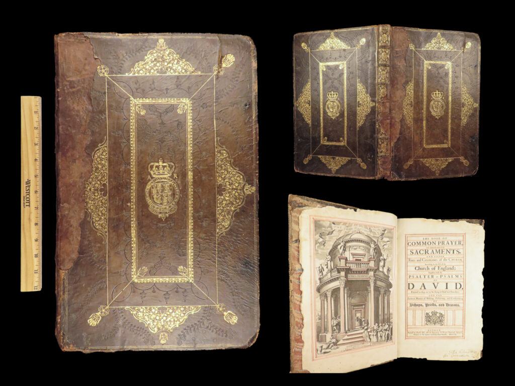1706 book of common prayer psalms english anglican queen elizabeth armorial huge | a truly rare late 17<sup>th</sup>-century holy bible and book of common prayer from the church of england. Like many similar works, this book includes the psalms of david, calendars, orders of prayers, tables and rules for devotion, and litanies and prayers. This edition, published by charles bill, is an enormous folio printing with large-font text in two column format. It also includes the “<em>psalms of david”</em>.   this particular edition was published by bill with credit given to the deceased thomas newcomb, printers to queen elizabeth. It was bound in an armorial leather binding with the royal arms impressed into the front and back boards.   item number: #27858 price: $950