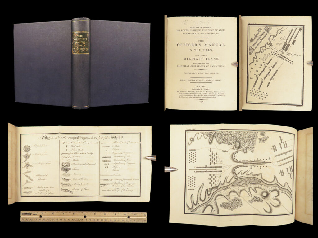 Seven years war officer’s manual – oswald von czettritz – 1798 | first edition, 60 maps | first english edition of czettritz’s 1798 officer’s manual in the field, featuring 60 engraved military plans on movement, fortification, and tactical layouts, bound in modern hardcover with original spine label retained.