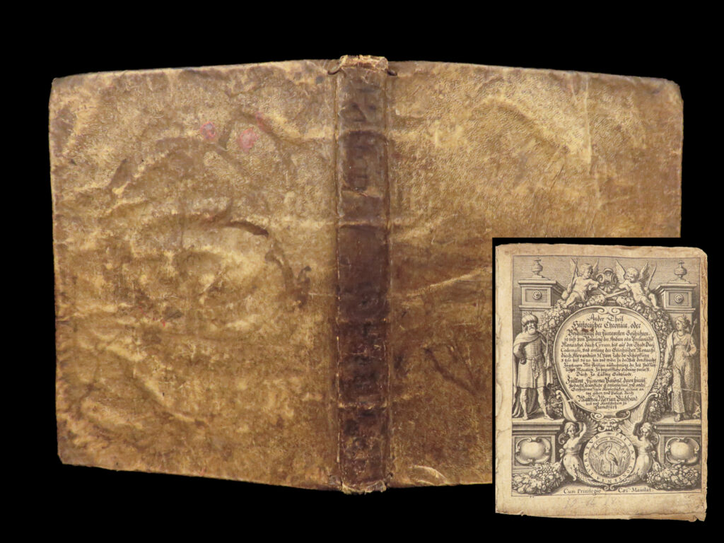 Historische chronica – gottfried – 1631 | ancient greek & roman histories | johann ludwig gottfried’s 1631 historische chronica, printed in frankfurt by merian, presents sacred and classical world events with 47 engravings; this incomplete copy lacks several leaves.