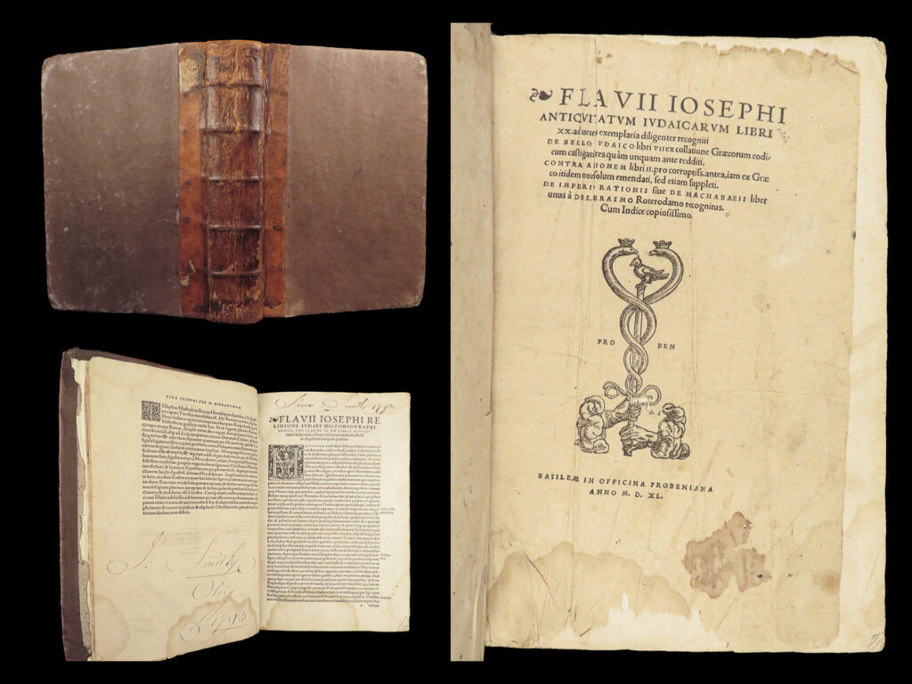 Antiquitatum iudaicarum – works of flavius josephus – 1540 | froben folio | 1540 froben latin folio edition of josephus’s jewish antiquities, jewish war, against apion, and on the maccabees, bound in reinforced leather and lacking only the final page.