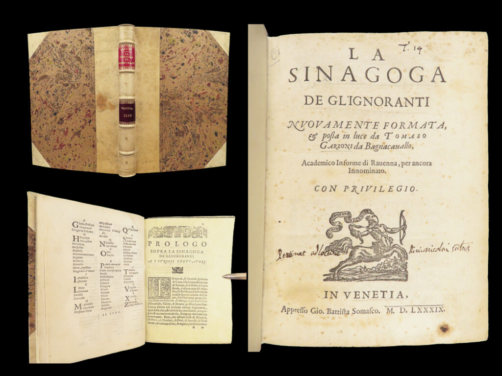 La sinagoga de gl’ignoranti – tommaso garzoni – 1589 | first edition, vellum | rare 1589 venetian printing of tommaso garzoni’s structured satire on ignorance, with original vellum spine and marbled boards, printed by gio. Battista somasco in octavo format.
