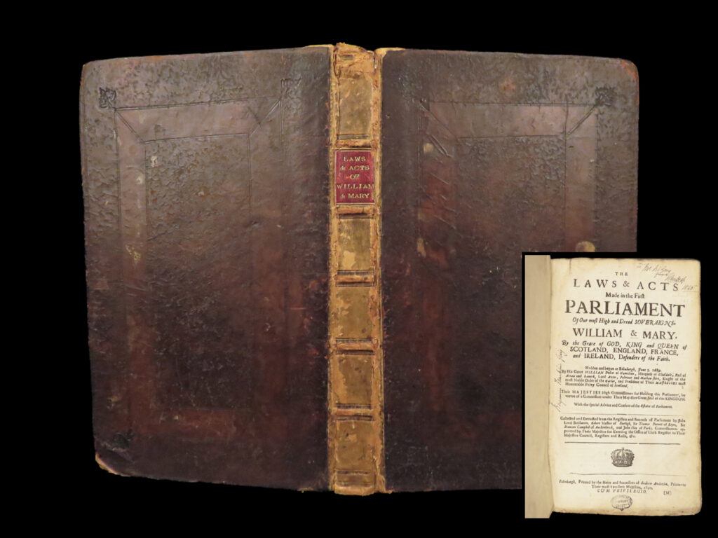 Laws & acts made in the first parliament of william & mary – scotland – 1690-95 | complete folio | complete folio record of scottish parliamentary acts under william and mary, printed in edinburgh between 1690 and 1695, covering legislation on allegiance, registers, and coinage.