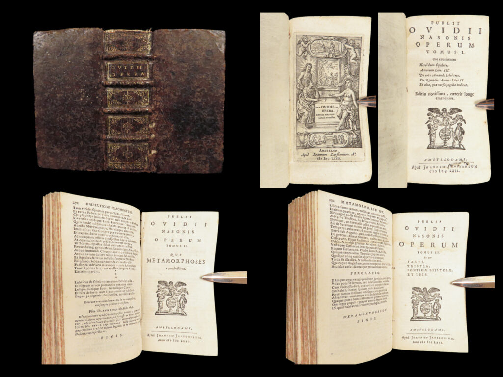 Publii ovidii nasonis operum – ovid – 1662 | metamorphoses, daniel heinsius | ovid’s full latin poetic works printed in 1662 by janssonius in amsterdam, including metamorphoses, heroides, and exile poems, edited by heinsius in a single full-leather volume.