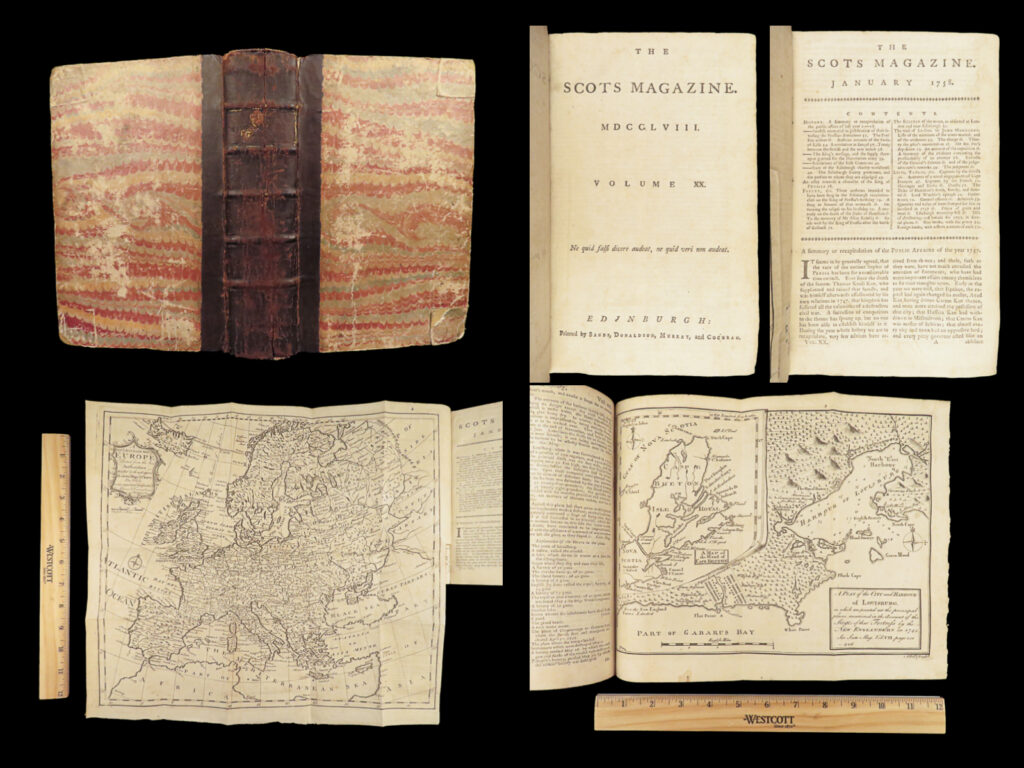 The scots magazine – 1758 | french & indian war battle reports | colonial america | first edition of the scots magazine, 1758, printed in edinburgh with folding map and seven plates, featuring military updates from north america including ticonderoga and louisbourg.