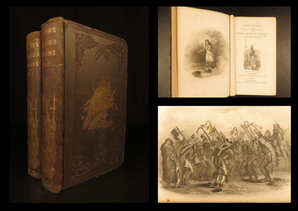 1857 – george catlin letters on native american indians | sioux, maps 2vols | originally published in 1841, george catlin’s ‘<em>letters and notes on american indians</em>’ covers the lives, customs, hunting cultures, and societies of plains indians. Catlin, a painter and author, was the first white man to depict these indians in their native territories, whilst on his travels to the american west.   this 1842 edition of ‘<em>letters and notes’</em> was the first published by hazard and <strong>features over 300 sketch engravings of indian battles, chiefs, expeditions to the american west, and homes and villages. </strong> these illustrations were published as a collection later following the success and popularity of this work. It also includes vocabulary of mandan, blackfoot, riccaree, sioux, and tuscarora indians. (smithsonian 687).   according to wagner-camp, “catlin illustrated his book with line-cut reductions of his original paintings, and in the text described his adventurous years among the indians. He recorded his observations of ceremonies, dances, hunting methods, forms of warfare, and the ways of daily living among the major tribes of the high plains and the rocky mountains”. <em> </em> item number: #26446 price: $950