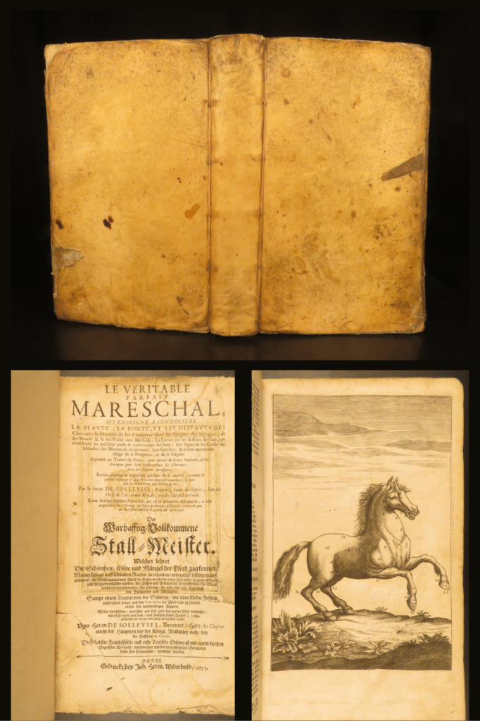 Les veritable parfait mareschal – solleysel – 1677 | first german edition, parallel french | perfect horse | solleysel’s les veritable parfait mareschal (1677) is a bilingual equestrian manual in its first german edition, focused on veterinary practice, breeding, and horse travel, issued in folio with original vellum binding.