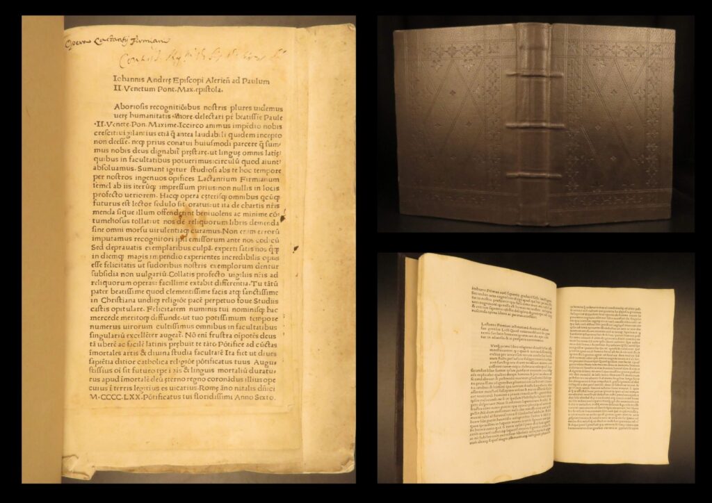 Divinae institutiones – lactantius – 1474 | roma incunable, han & cardella | 1474 roman folio incunable of lactantius’s divinae institutiones with de ira dei and de opificio dei, edited by angelo sabino, printed by ulrich han and simon cardella, 168 of 257 leaves present.