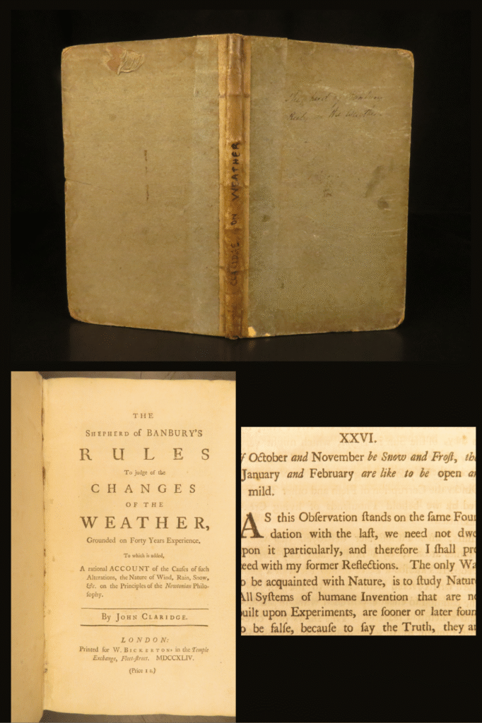 Shepherd of banbury’s rules – john claridge – 1744 | first edition newtonian weather | first edition (1744) of john claridge’s weather forecasting guide using natural signs and newtonian theory, with proverbial rules drawn from rural observation.