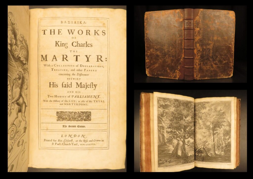 Eikon basilika – king charles i – 1687 | stuart royalist folio, gauden | london 1687 folio edition of basilika, collecting writings and declarations of king charles i including the eikon basilike, bound in period leather with provenance connection to buchley park in worcestershire.