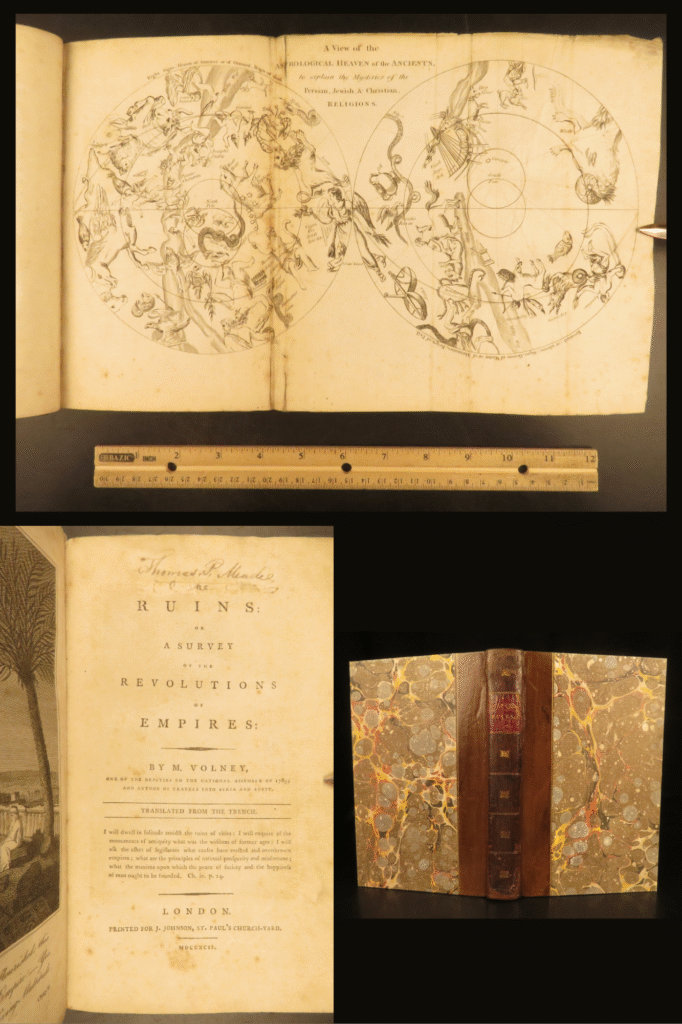 The ruins – volney – 1792 | first english edition of enlightenment philosophy | first english edition of constantin-françois volney’s the ruins (london, 1792), a landmark enlightenment work associated with thomas jefferson’s translation efforts, featuring its original foldout celestial map and period leather binding.