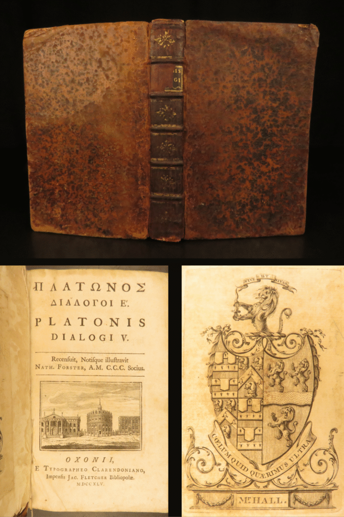 1745 – first oxford edition of plato’s dialogues | platonis dialogi | 1745 oxford clarendon edition of plato’s greek dialogues edited by nathaniel forster, containing apology, crito, euthyphro, phaedrus, and erastai in full leather binding.