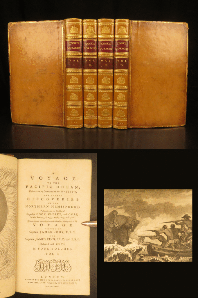 1784 – a voyage to the pacific ocean – james cook | first edition, stunning leather display | first edition (1784) four-volume set of james cook’s final pacific voyage, richly illustrated with arctic wildlife, native encounters, and an eyewitness account of cook’s death in hawaii.