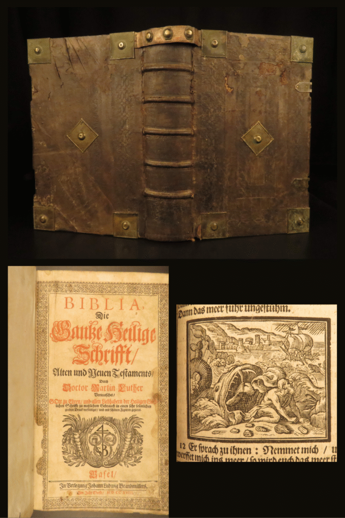 Biblia die gantze heilige schrift – bible – 1718 | martin luther german | huge illustrated folio | 1718 german folio bible printed in basel by j. L. Brandmüller, featuring martin luther’s translation with woodcut illustrations throughout and original brass-fitted leather binding.