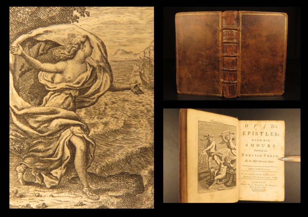 Ovid’s epistles – 1729 | heroides & amours in english, mythology | first edition | 1729 english translation of ovid’s heroides by dryden and others, featuring engraved plates, compact leather binding, and early tonson imprint.