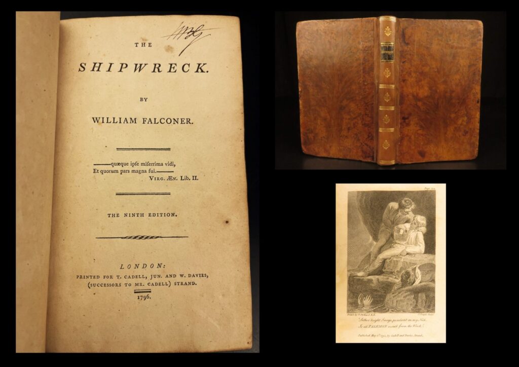 The shipwreck – william falconer – 1796 | full leather, engravings | 1796 edition of william falconer's semi-autobiographical maritime poem the shipwreck, featuring four engraved plates and professionally restored full leather binding, published by t. Cadell, jun. And w. Davies.