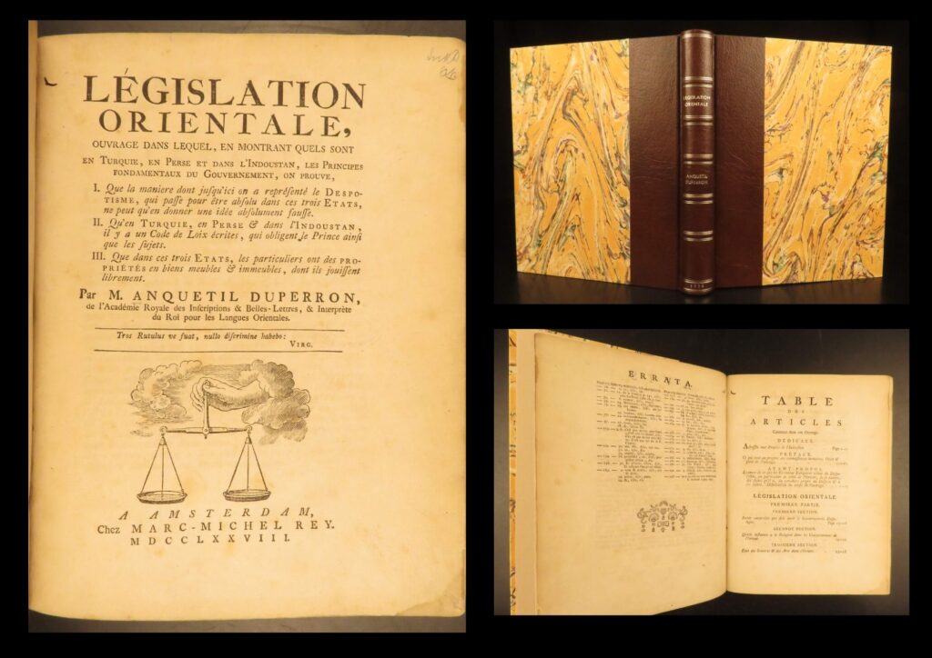 1778 – important defense of islam & persian government | duperron, first edition | first edition of anquetil-duperron’s 1778 defense of ottoman, persian, and hindustani legal systems, beautifully bound in leather with marbled boards.
