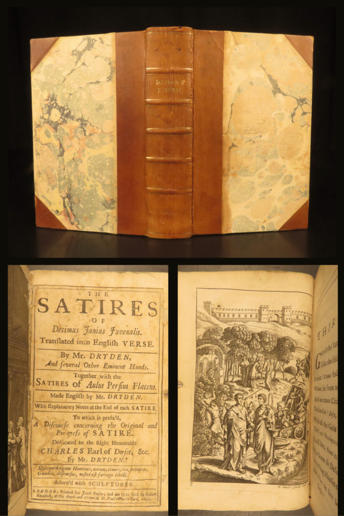 1697 – satires of juvenal | famous description of ancient rome & greek mythology | 1697 english edition of the satires by juvenal and persius, translated by john dryden, printed by tonson, with 18 engravings and separate title page for persius; cited in wing j1290.