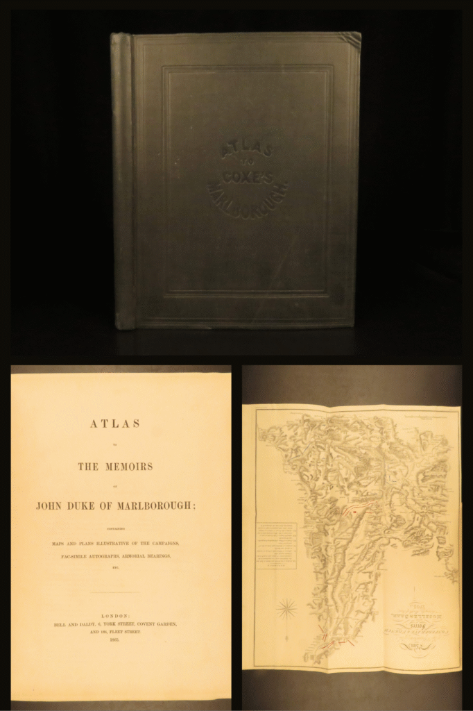 1865 – duke of marlborough campaign atlas | 26 folding maps from war of spanish succession | published in 1865, this standalone atlas by william coxe features 26 engraved folding maps from marlborough's campaigns during the war of the spanish succession.