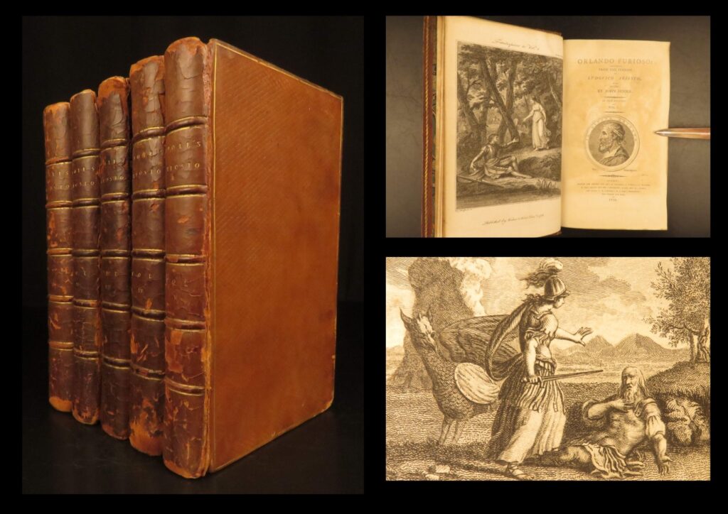 1799 – orlando furiosa by ludovico ariosto | english 5 volume set, illustrated | ludovico ariosto’s orlando furioso, translated by john hoole, in a complete five-volume 1799 edition printed in london, with 14 engraved illustrations and full leather binding.