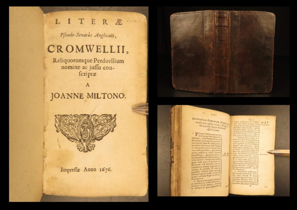 1676 – john milton’s republican letters | criticism of cromwell & english government | milton’s 1676 literæ pseudo-senatûs first printing in brussels with the original “basket of fruit” device, containing 136 latin political dispatches opposing cromwell’s rule.
