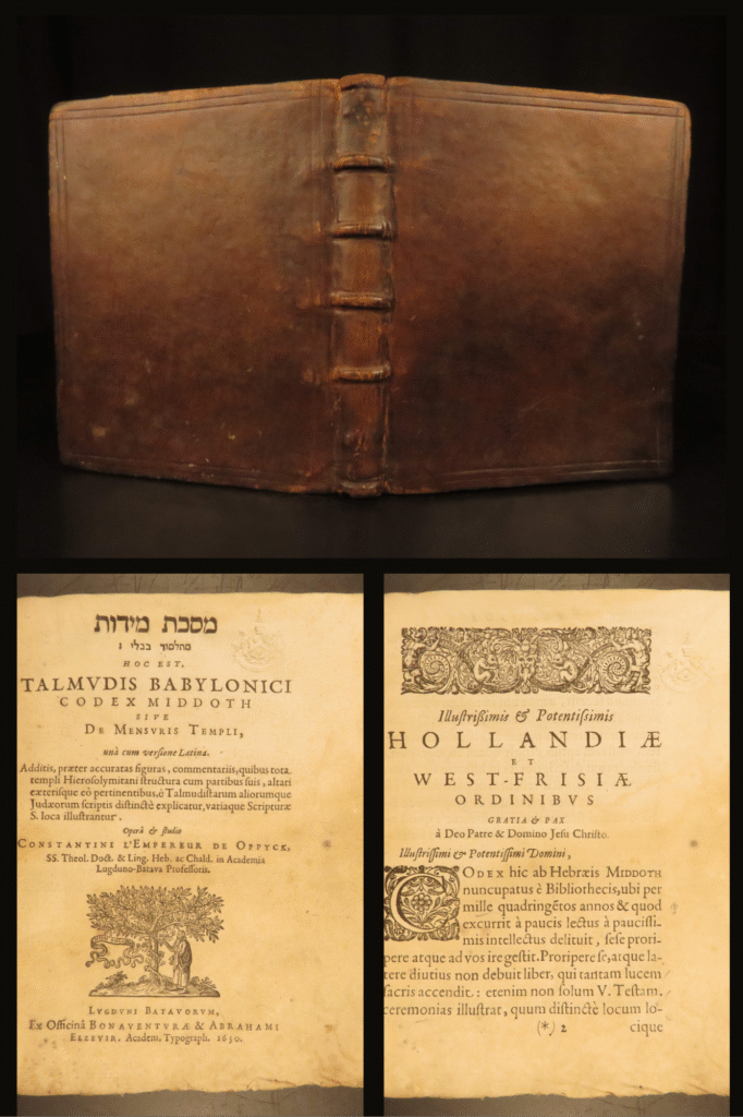 1630 – commentary on middot | first edition on the temple from babylonian talmud | l’empereur’s 1630 latin-hebrew edition of the mishnah tractate middot, printed by elzevir in leiden, highlights early christian hebraist scholarship and remains a key text in the study of temple architecture.
