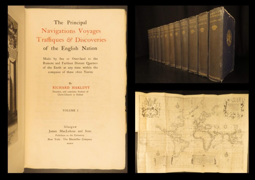 1903 – principal navigations by richard hakluyt | famous edition in 12 volumes | this 1903 12-volume set of <em>the principal navigations, voyages, traffiques & discoveries of the english nation</em> by richard hakluyt details the voyages and explorations of famous english navigators such as john cabot and sir francis drake, accompanied by large folding maps.