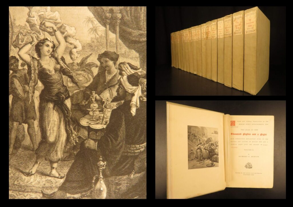 1886 – arabian nights by robert burton | limited, 17 volume bagdad edition | richard f. Burton’s unabridged 17-volume bagdad edition of the arabian nights, privately printed in 1886, numbered 972 of 1,000 copies, known for its explicit footnotes and raw translation style.