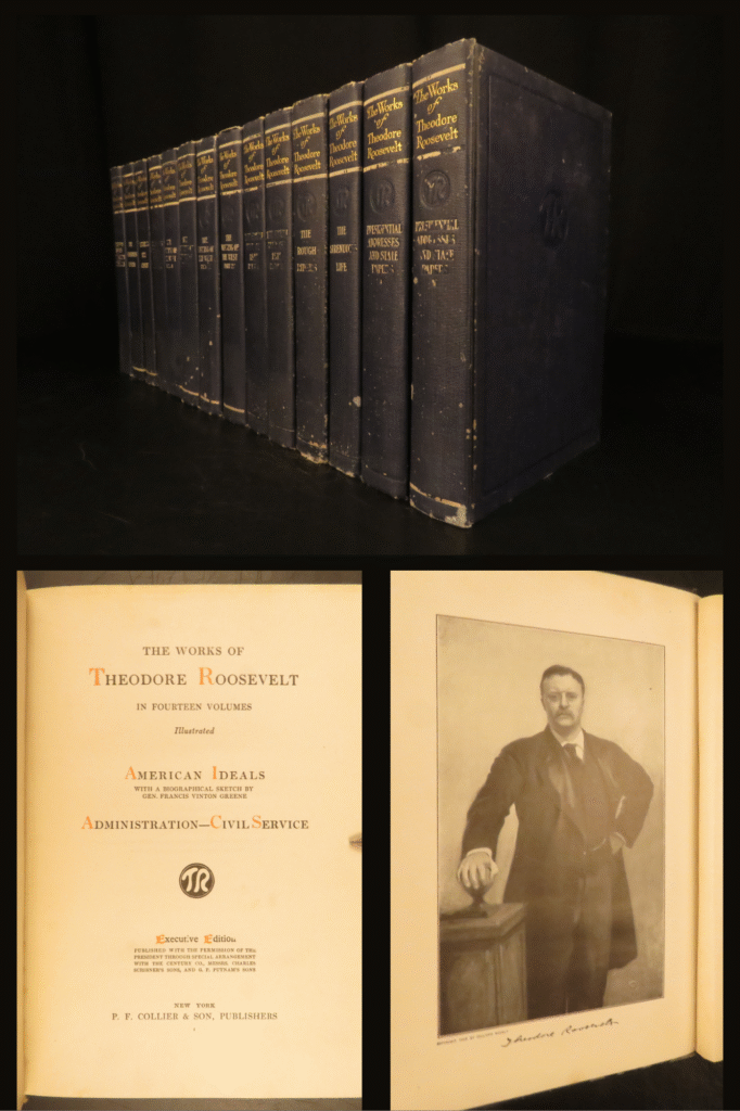 1889-1904 – works of theodore roosevelt | rare executive edition, 14 volumes | rare executive edition of the works of theodore roosevelt in 14 volumes, featuring key works such as the rough riders, the naval war of 1812, and the winning of the west, published in 1904.