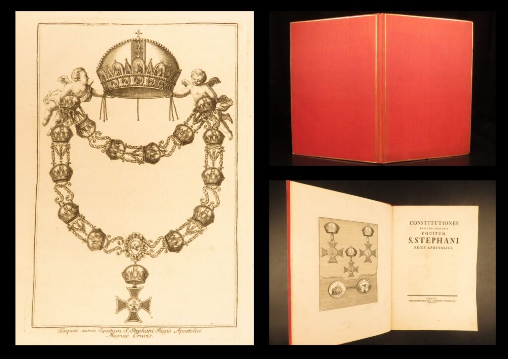 1764 – statutes of the order of saint stephen | maria theresa, engravings of knights | 1764 official viennese printing of the foundational statutes of the hungarian order of saint stephen, sanctioned by maria theresa and illustrated with five full-page engravings by johann ernst mansfeld.