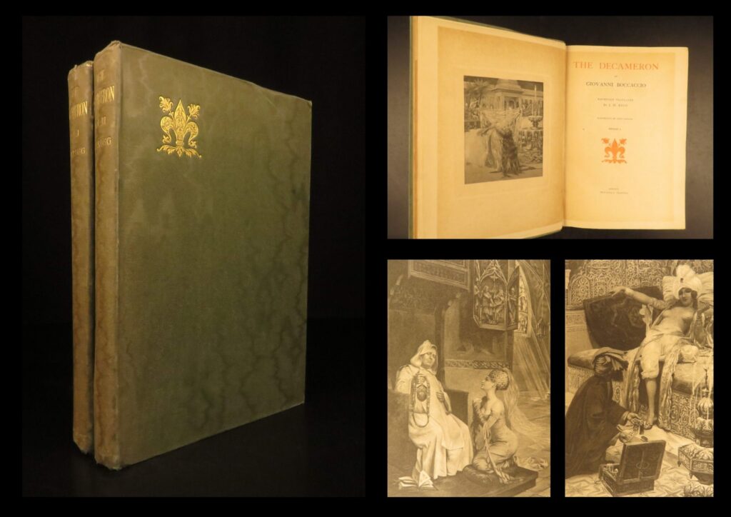 The decameron – giovanni boccaccio – 1921 | deluxe limited edition with engravings | two-volume 1921 deluxe edition of boccaccio’s the decameron, translated by j. M. Rigg and privately printed in london in a 1000-copy limitation, featuring full-page engravings.