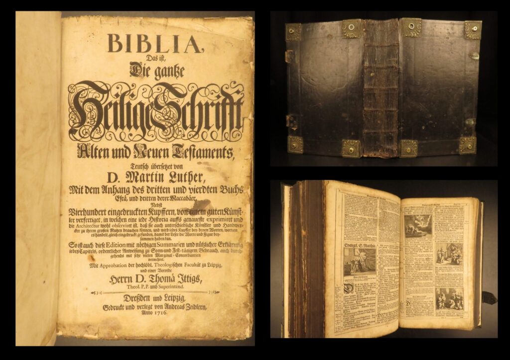 1716 – huge german bible | martin luther biblia | dresden & leipzig folio | 1716 german folio bible printed in dresden, featuring martin luther’s translation with woodcut illustrations throughout and original brass-fitted leather binding.