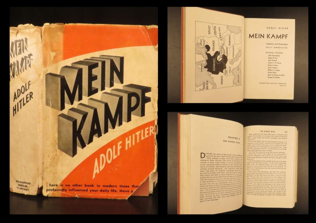 1939 – mein kampf – adolf hitler | rare first boston edition, unabridged | first american edition of adolf hitler’s mein kampf, 1939, unabridged and annotated, issued to acquaint u. S. Readers with nazi ideology and including a map of europe.
