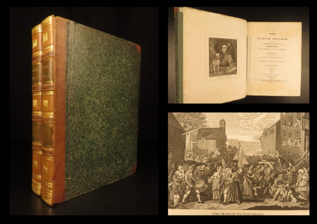1821 – works of william hogarth | illustrated satire | 2 leather folio volumes | two-volume 1821 folio set of william hogarth's complete satirical engravings, including a rake's progress, marriage-a-la-mode, and others, with essays by john trusler and plates by cook and davenport.