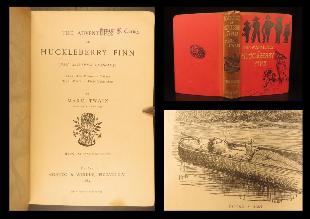 1884 – adventures of huckleberry finn – mark twain | first british edition | mark twain’s the adventures of huckleberry finn, published in 1884 by chatto & windus, is the first english edition and predates the american edition by four months.