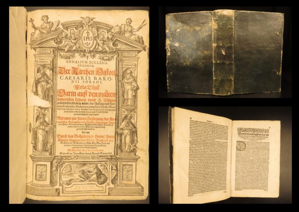 1594 – ecclesiastical annals, cesare baronio | early church history & papacy | 1594 ingolstadt folio of cesare baronio’s monumental ecclesiastical chronicle, the first german edition of annalivm ecclesiasticorvm, featuring a woodcut title page and documenting the first twelve centuries of church history.