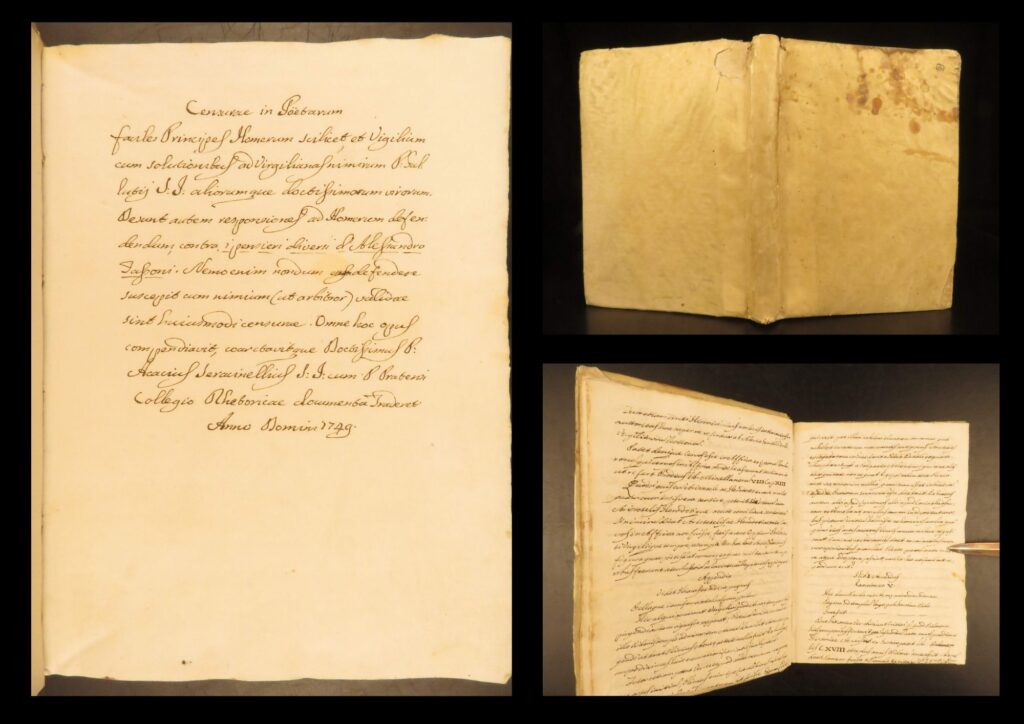 1749 – handwritten commentary on classical poetry | virgil aeneid & homer | handwritten latin jesuit manuscript from 1749 analyzing homer and virgil through scholastic exercises, exploring classical rhetoric, poetic beginnings, mythic interpretation, and moral reasoning, bound in full vellum.