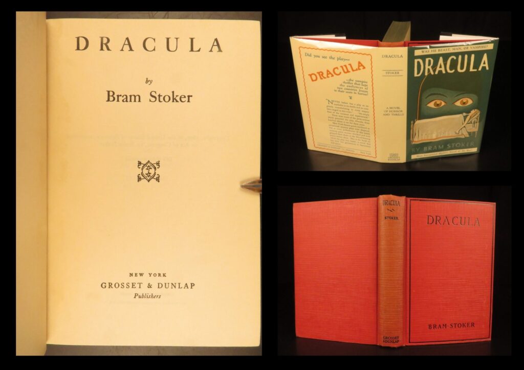 Dracula - bram stoker - 1936 | grosset and dunlap, red cloth | this early printing of bram stoker’s <em>dracula</em>, bound here in striking red hardcover, presents the classic gothic story of horror. Beginning in the mountains of transylvania, the story is told through letters and diary entries following the count’s bloody rampage.