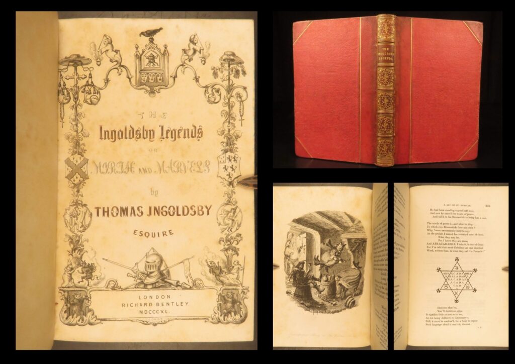 The ingoldsby legends – 1840 – richard harris barham | first edition, cruikshank illustrations | the 1840 true first edition of <em>the ingoldsby legends</em> by thomas ingoldsby (richard harris barham)! A highly rare victorian classic filled with gothic humor that includes features the comic illustrations of the iconic artists george cruikshank, john leech, and robert buss!