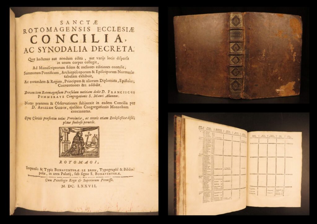 1677 diocese of rouen 1ed catholic synods & councils normandy france pommeraye | a rare 17<sup>th</sup>-century history of the catholic councils and synods held of archdiocese of rouen! &nbsp; this fine work in was collected and edited by francois pommeraye, a benedictine monk from rouen who wrote numerous works on the history of rouen from its cathedral, to archbishops, various abbeys, and even almsgiving practices in rouen. Pommeraye was well acquainted with the earliest manuscripts held in rouen and utilized them to write this book, “<em>sanctæ rotomagensis ecclesiæ concilia</em>”. He included the names of the supreme pontiffs of rouen, rouen letters, legal agreements, and even the names of the archbishops of normandy. &nbsp; item number: #27122 price: $499