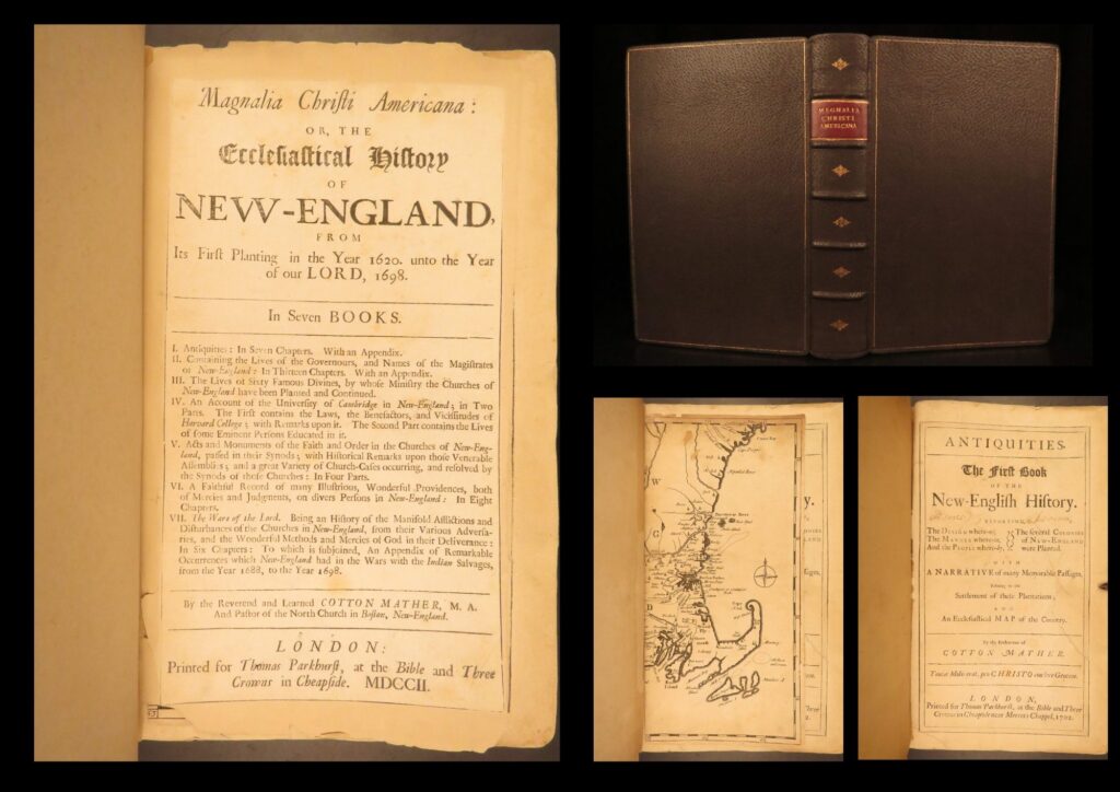 Magnalia christi americana – cotton mather – 1702 | first edition history of new england | first edition (1702) of cotton mather’s history of new england and salem trials, with restored binding.