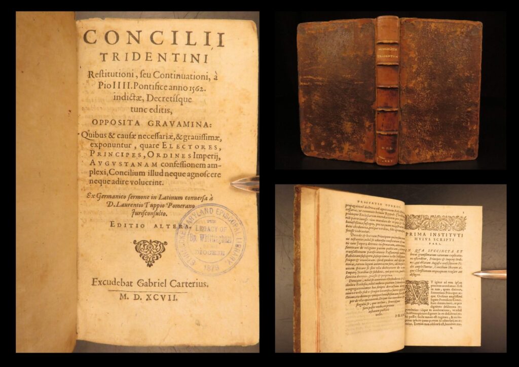 Concilii tridentini restitution – tuppio – 1597 | geneva, anti-council of trent | tuppio’s anti-tridentine concilii tridentini from 1597 bound in originally leather binding with reinforced front cover.