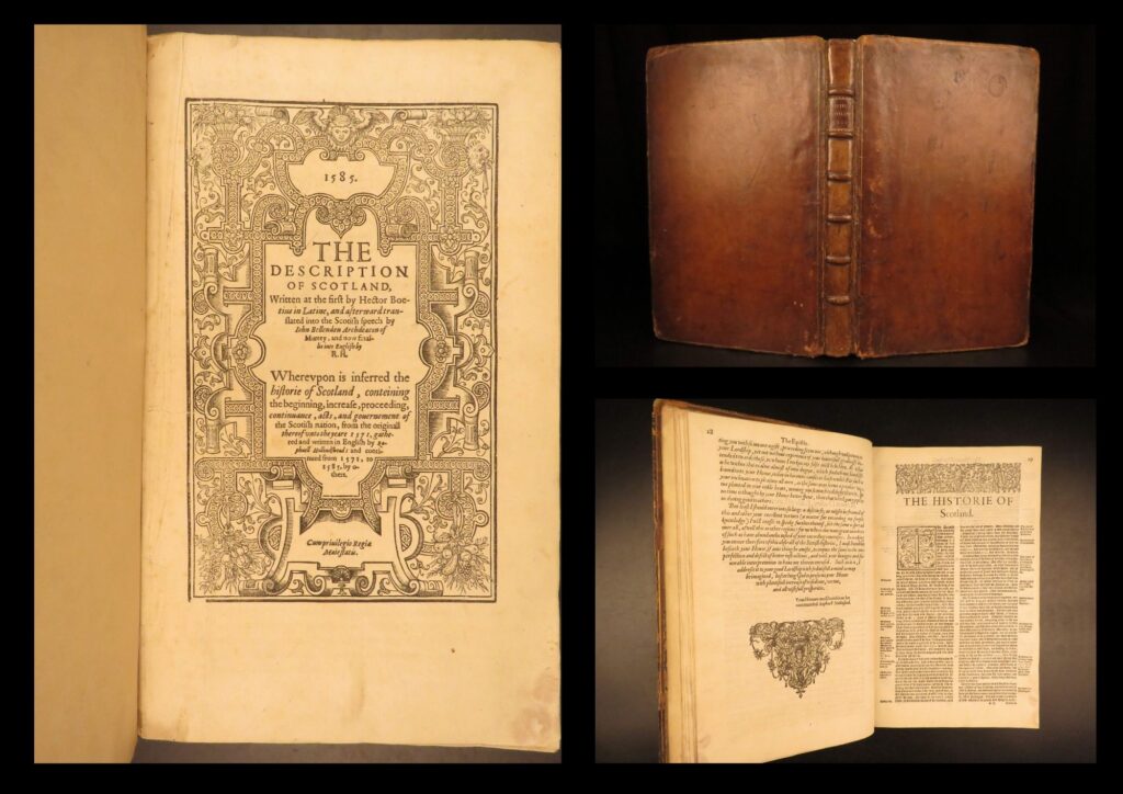 Chronicles of scotland – raphael holinshed – 1587 | english black-letter folio | a rare 16<sup>th</sup>-century volume from the 1587 holinshed chronicle, made famous by its connection to shakespearean sources.