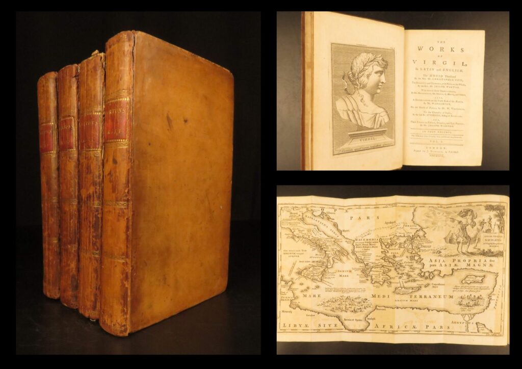 1778 – works of virgil | bucolics, eclogues, & aeneid with map | 4 volume set | four-volume 1778 latin-english edition of virgil’s works, translated by pitt and warton, with scholarly commentary, frontispieces in each volume, and a folding map.
