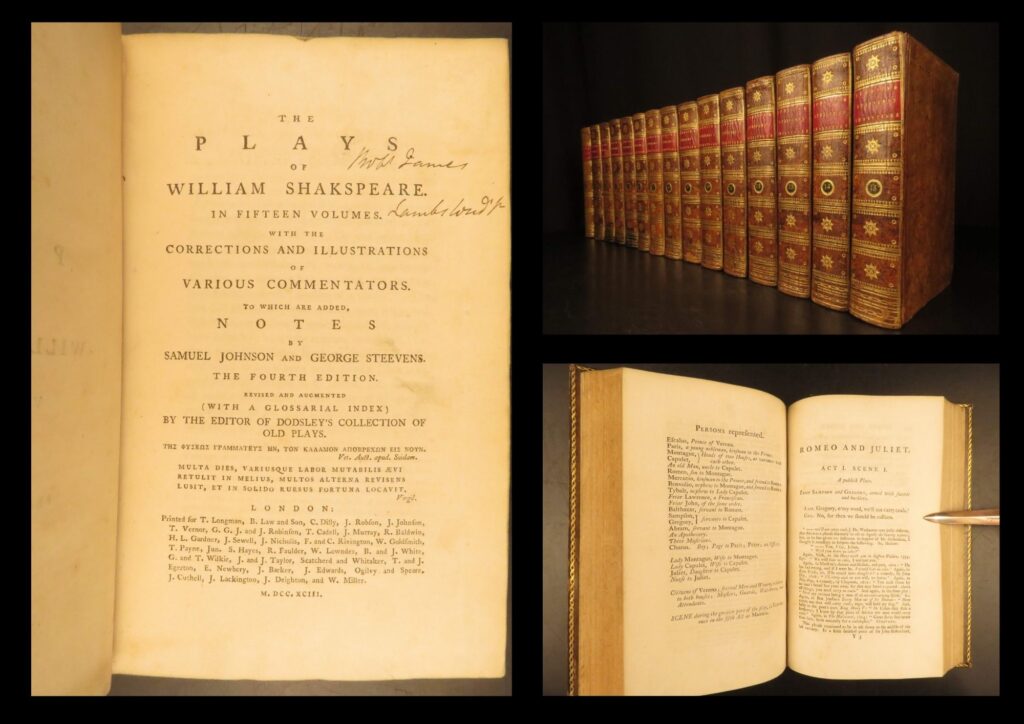 1793 – plays of william shakespeare | famous steevens’ translation, 15 volume set | 1793 edition of the plays of william shakespeare, edited by steevens and johnson, complete in 15 volumes with full leather bindings.