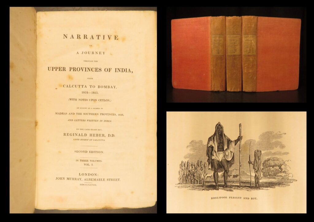 1828 – reginald heber, journey through india | hindu superstition! | reginald heber’s firsthand missionary and travel account through british india, complete in three volumes with 28 woodcut engravings depicting temples, cities, and native life under early 19th-century colonial governance.