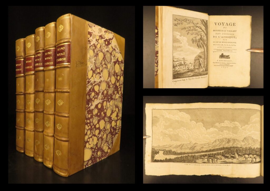 1791 – africa voyages of francois le vaillant | beautiful 5 volume set, illustrated | first edition | first brussels edition of le vaillant’s five-volume african voyage (1791), complete with 34 engraved plates including the suppressed hottentot woman. A cornerstone of eighteenth-century french exploration literature and natural history.